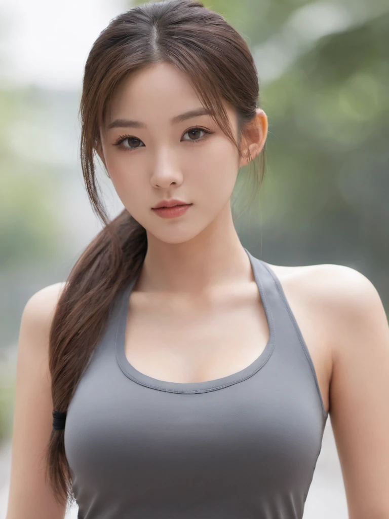 1girl,full body,standing,sexy,Looking towards the camera,standing,solo,brown hair,realistic,Asian girl,ponytail,leggings,upper_body