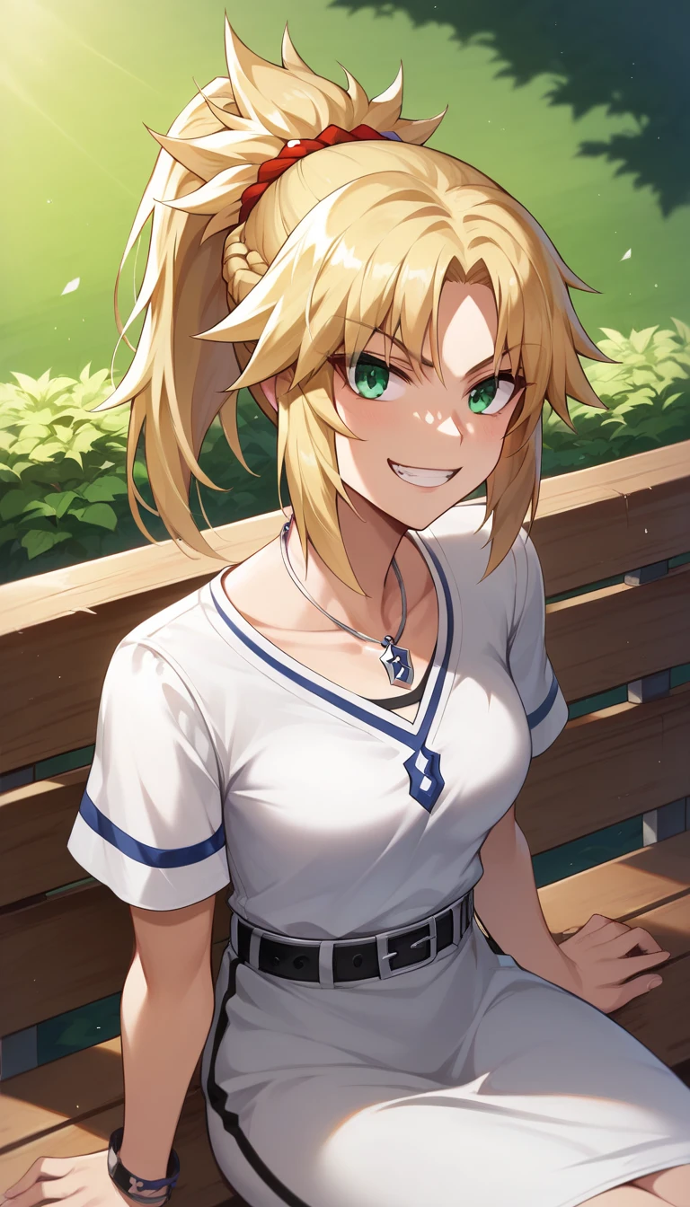 ((1 girl)), (((to know))), red sabre , mordred, destination, blonde hair, blue-green eyes,  High resolution, ultra-sharp, 8K,  masterpiece,  looking at spectator , (( masterpiece)), (( High Definition )), (( lyrics)), anime badass 8K,  better noise removal ,  The best quality, best render ,  mordred  ,  wearing a white dress,  smiling with joy , Sitting on a wooden bench in the park