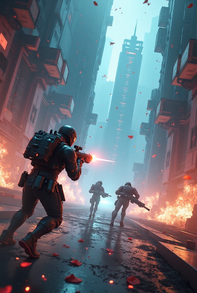 photo of very futuristic cinematic science-fiction battle scene, ultra realistic, battlefield full of gunsmoke, foggy, deep dark atmosphere, men males in military suit in motion, center focus, dramatic scifi style, glowing vivid colors smoke, dynamic lighting, cinematic lighting, neon, atmospheric lighting,high details,detailed features, ray tracing, 3D, cinematic lighting, dark shadows, unrealistic Engine 5 rendering,trending on artstation, 4k,extremely high details, ultra hd, hdr, 8k, extremely high details