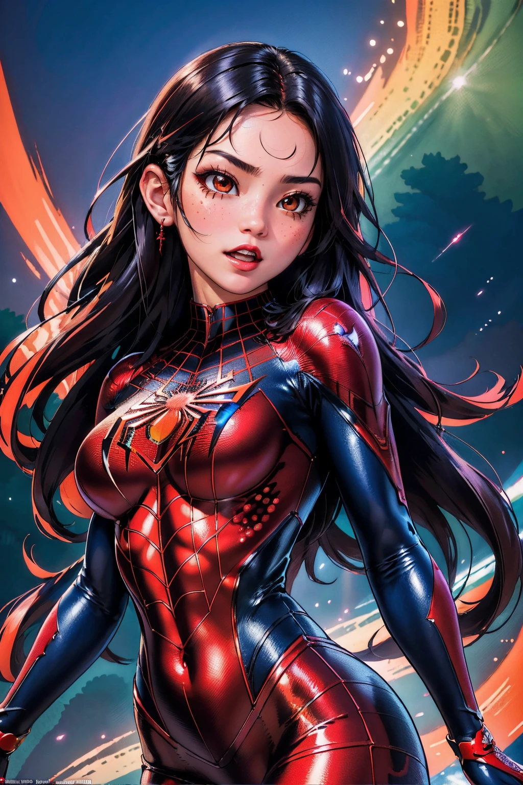 (best quality, masterpiece, colorful, dynamic angle, highest detailed) upper body photo, fashion photography of cute, intense red long hair, \asian girl\ in spiderman suit, (ultrahigh resolution textures), in dynamic pose, bokeh, glowing web, (intricate details, hyperdetailed:1.15), detailed, light passing through hair, colorful art flat background, (official art, extreme detailed, highest detailed),