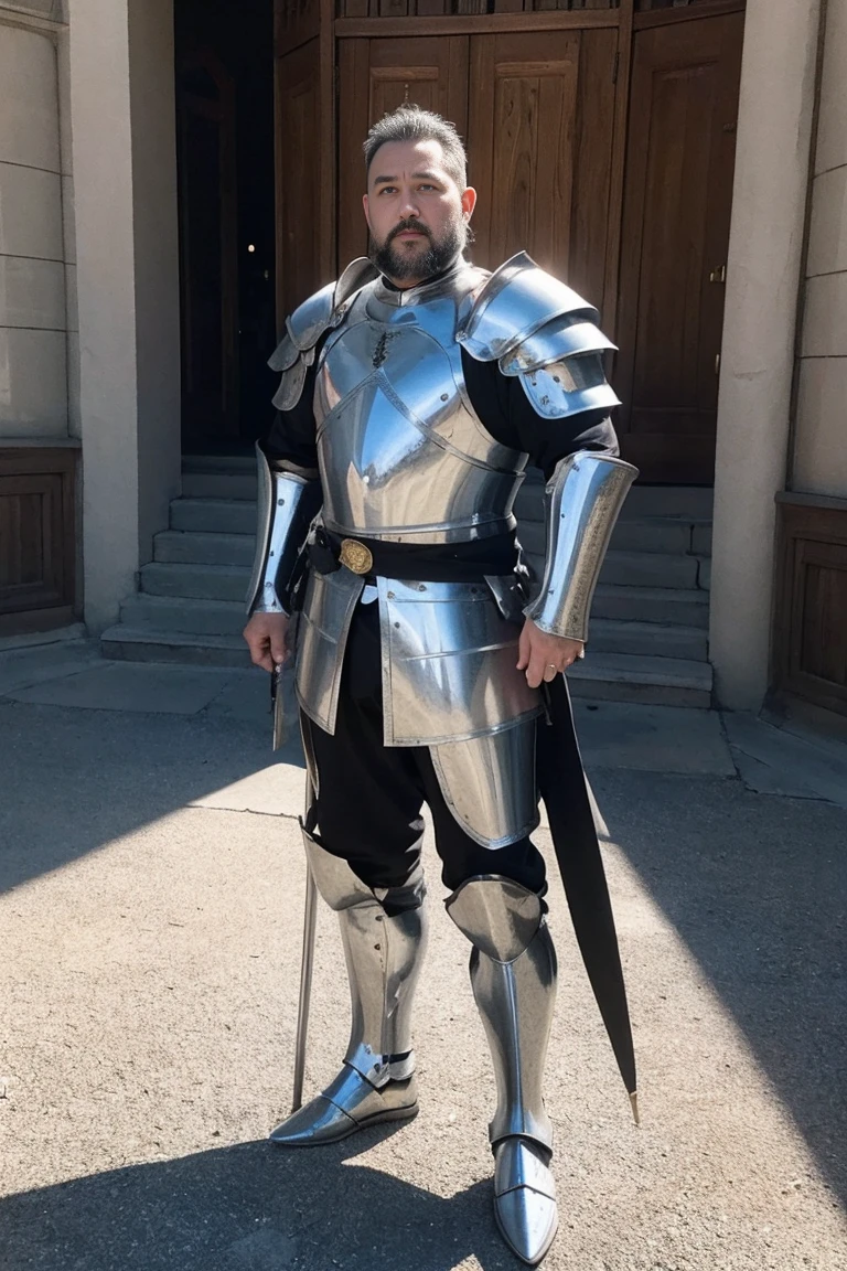 ( high quality, actual ,photo actual :1.37),( Quality Best ,4K,8K, high resolution ,masterpiece:1.2),portrait,50 year old European dad, displeased ,Serious,50年 medieval knight on the battlefield,Noble Knight , kind fathers ,grandfather,University classroom, Bright and soft lighting , rich color ,Fat,fat,pregnant,General belly, extra short hair , grey hair ,Goatee,Very short beard,The face is very big,Very round face,脸上全是wrinkle,wrinkle,Old ,Fatfat, overweight ,脸很Fat,Wisdom,clever, medieval armor , European knight armor ,, medieval knight on the battlefield。 a knight in fantasy。 gorgeous armor ,Lots of decorations on the armor。Ceremonial Armor 。 blue armor,Standing by the city gate ,stand at attention,Hold a long sword with both hands and stick it on the ground。Full body portrait, full-body photo 。
