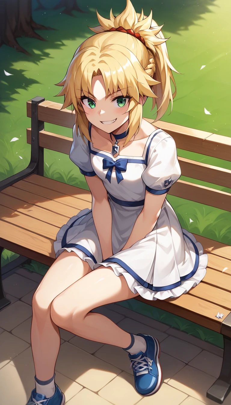 ((1 girl)), (((to know))), red sabre , mordred, destination, blonde hair, blue-green eyes,  High resolution, ultra-sharp, 8K,  masterpiece,  looking at spectator , (( masterpiece)), (( High Definition )), (( lyrics)), anime badass 8K,  better noise removal ,  The best quality, best render ,  mordred  ,  wearing a white dress ,  smiling with joy ,  sitting on a wooden bench in the park,  young Mordred , Mordred and 