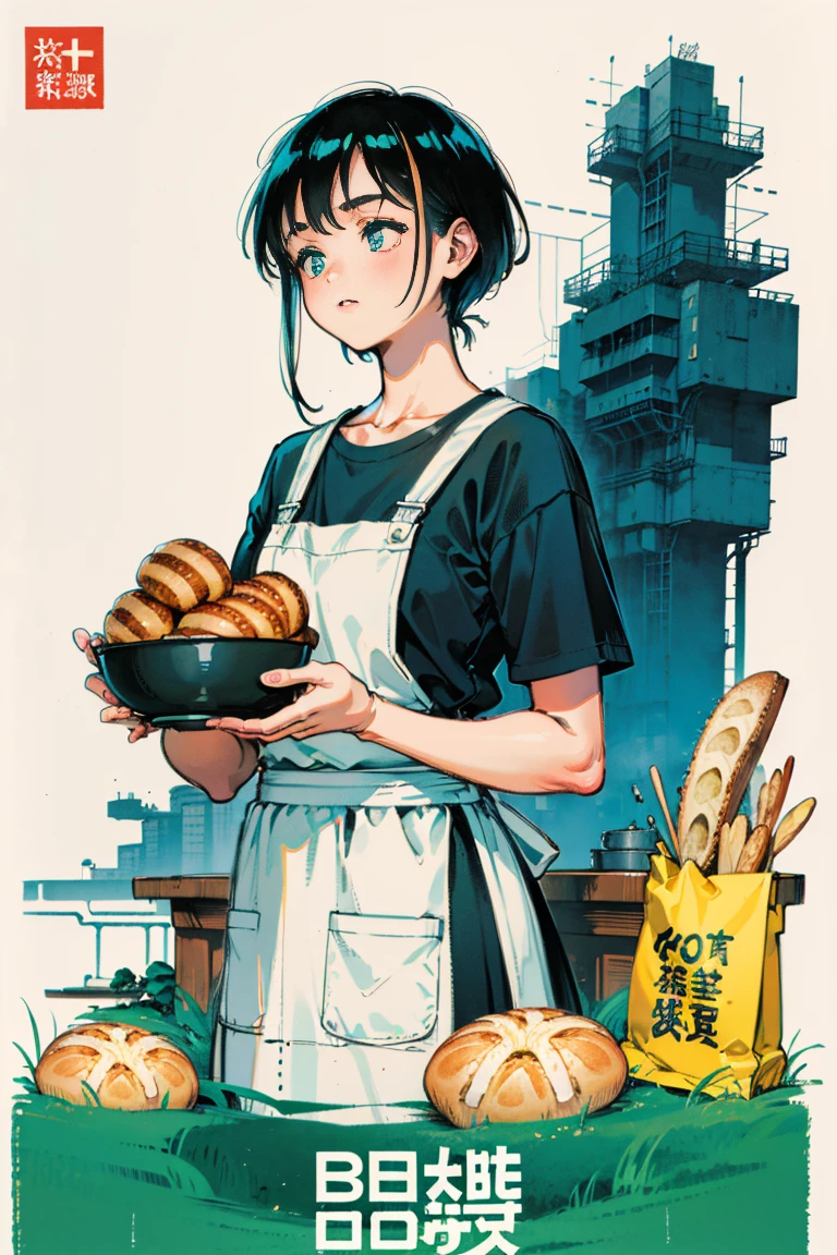 ((breads)),girl promoting breads, (girl wearing apron: 1), bakery, breads, ((croissant)), muffin, wheat, ((baguette)), Branding, vintage design, Blaxploitation movie poster, RZMINJOURNEY:0.6, design for t shirt, t shirt design, shirt, inspired by Yoshida Hanbei, inspired by Gatōken Shunshi, inspired by Yamamoto Shōun, inspired by Reuben Tam, inspired by Ravi Zupa, japanese inspired poster, inspired by Watanabe Shōtei, inspired by Tawaraya Sōtatsu,
