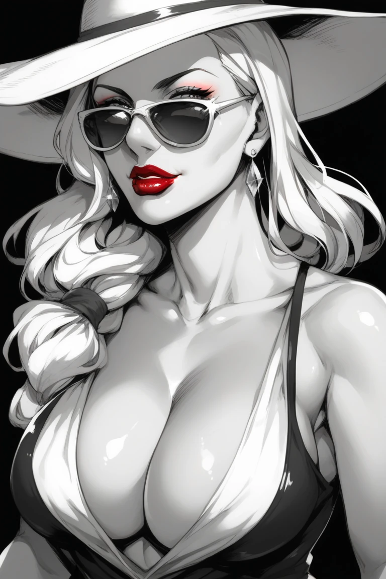 1girl, sunglasses, solo, hat, lipstick, red lips, long white hair, dress, plunging neckline, makeup, monochrome, white background, earrings, cleavage, jewelry, upper body, spot color, hair over shoulder,dark theme,shiny,shiny skin,milf,(mature japanese female:1.2), black background, 
