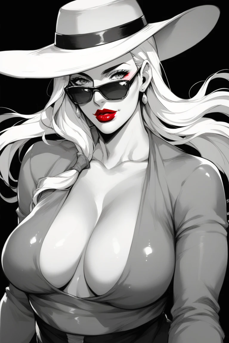 1girl, sunglasses, solo, hat, lipstick, red lips, long white hair, dress, plunging neckline, makeup, monochrome, white background, earrings, cleavage, jewelry, upper body, spot color, hair over shoulder,dark theme,shiny,shiny skin,milf,(mature japanese female:1.2), black background, 
