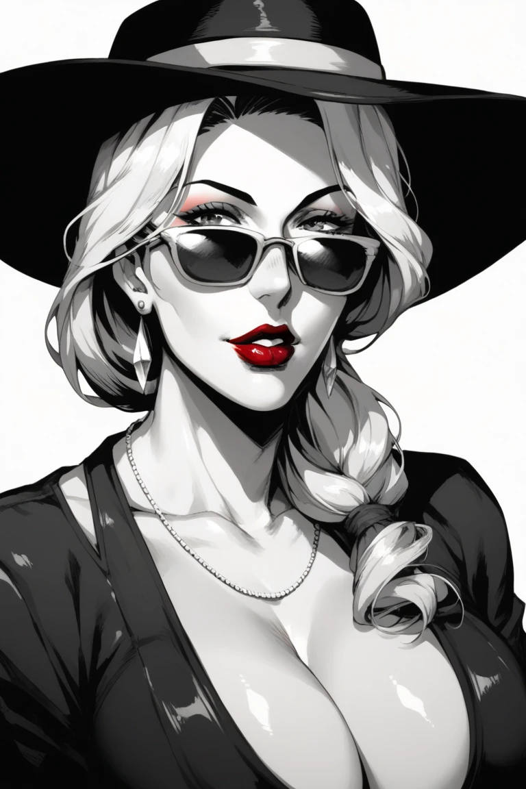 1girl, sunglasses, solo, hat, lipstick, red lips, long white hair, dress, plunging neckline, makeup, monochrome, white background, earrings, cleavage, jewelry, upper body, spot color, hair over shoulder,dark theme,shiny,shiny skin,milf,(mature japanese female:1.2), black background, 
