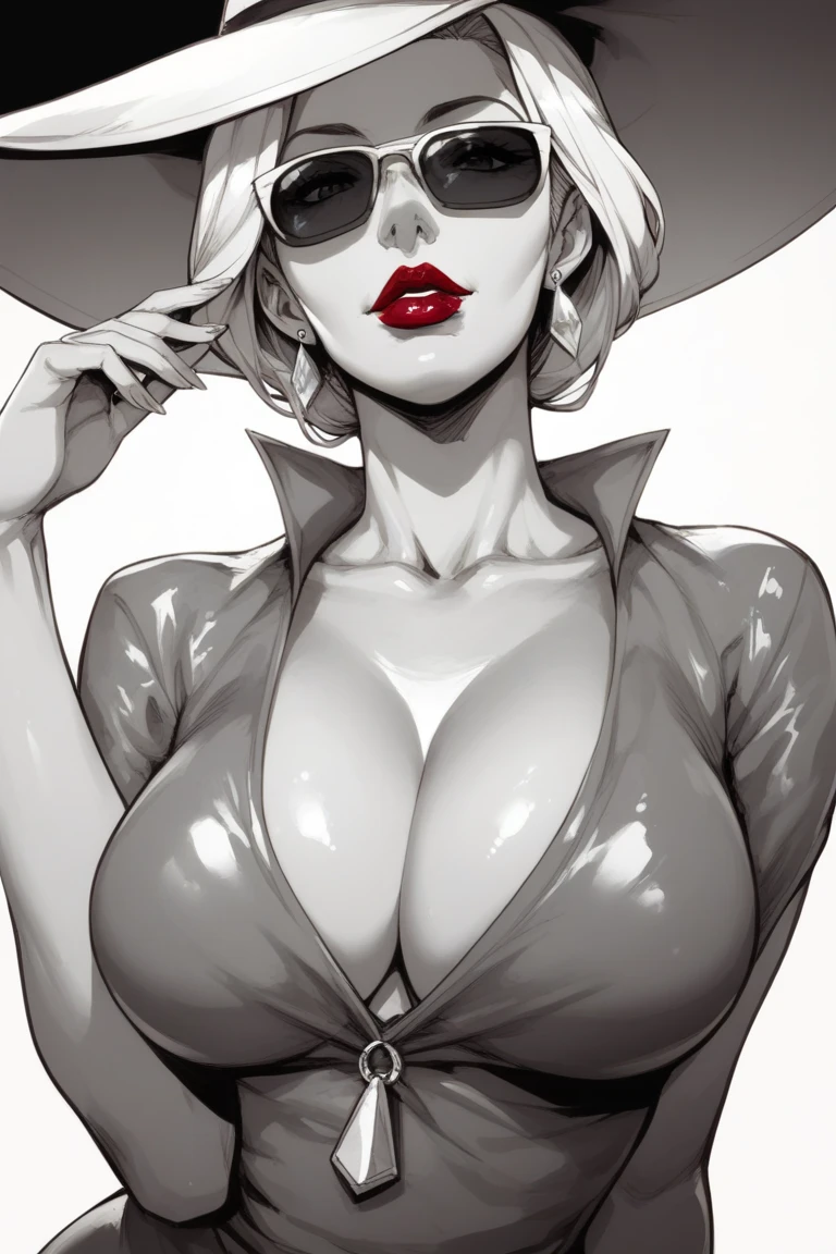 1girl, sunglasses, solo, hat, lipstick, red lips, long white hair, dress, plunging neckline, makeup, monochrome, white background, earrings, cleavage, jewelry, upper body, spot color, hair over shoulder,dark theme,shiny,shiny skin,milf,(mature japanese female:1.2), black background, 
