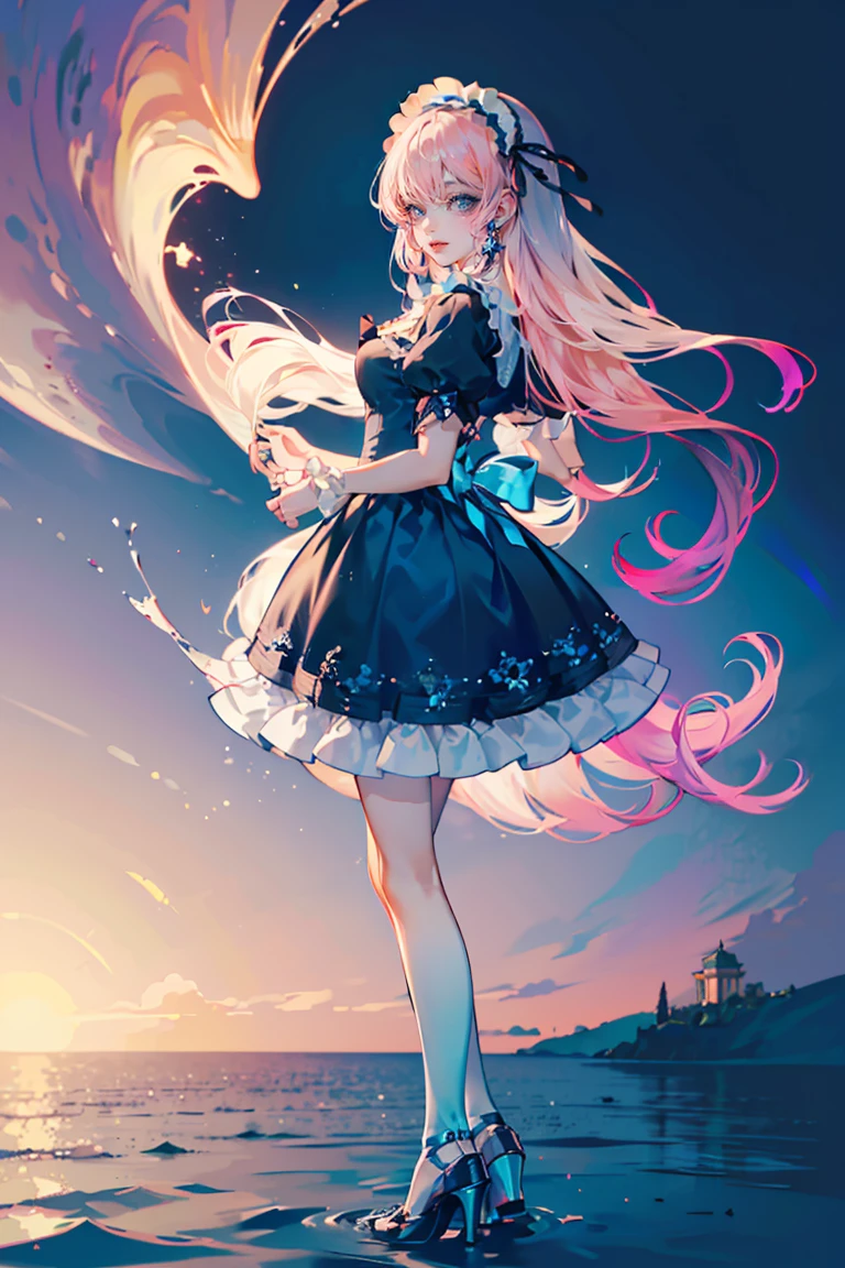 Front View of a person, Full-body Shot of a person, standing on the surface of water in 4K resolution, around 20 years old, (one female:1.5), smiling, (light pink hair:1.0, fluffy hair:1.0, long hair:1.0, half-up style:1.5 (light blue and light purple eyes:1.0, ((gradient eyes:1.5)), round eyes, drooping eyes, drooping eyebrows), ((sweet lolita-style outfit:1.5), light blue lolita dress:1.5 draped fabric with water surface pattern:1.0, frills:1.0, silver accessories:1.5, blue and light blue jewels), sea-like cross-strap high heels, calm water surface, beautiful temple, (Pisces image:0.3, sea image:0.5, water surface image:1.0), ((UHD, masterpiece, super detail, best quality, highres, 8k)), (detailed line art), perfect face, perfect body, perfect hands, perfect feet