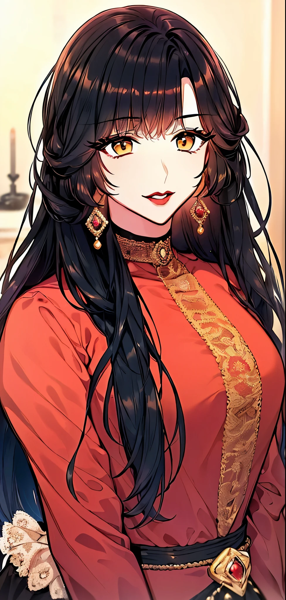 ((black hair, long hair)), ((brown eyes, brown skin)), Woman in aristocratic noble dress((black dress)), long, curly hair, ((woman with makeup, red lips)).