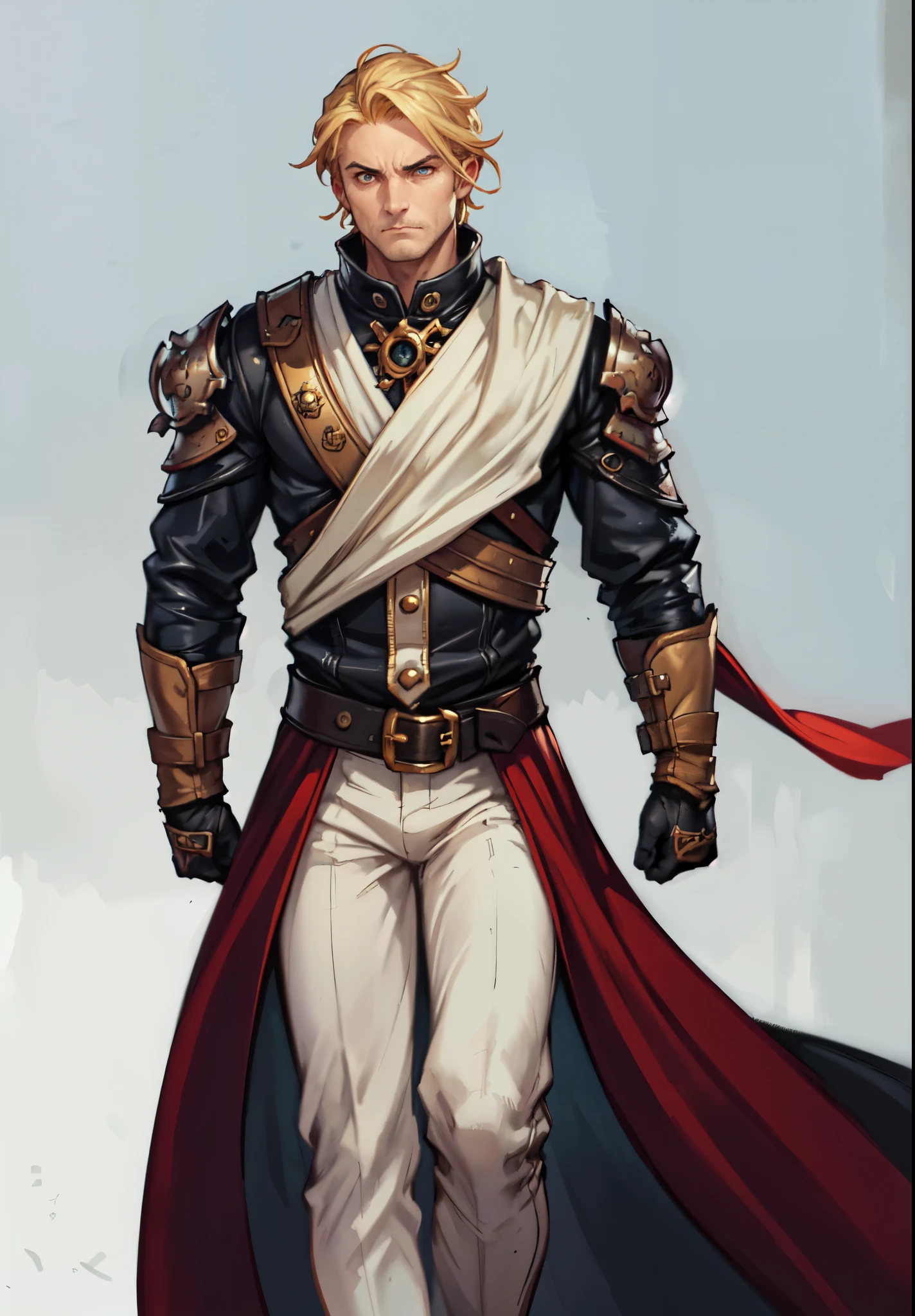 (masterpiece:1.2, best quality:1.2, extremely delicate:1.2), ((male:1.5)), a middle-aged man with short tousled golden hair, deep-set eyes, sharply defined features, serious expression, luxurious yellow-and-white fantasy-style composite silk satin top, silk ribbon cape around the upper body, small metallic shoulder pads, fabric gloves, a belt adorned with metallic gear decorations, dark hem, white fabric trousers, strolling in a medieval fantasy-style city, this character embodies a finely crafted fantasy-style nobleman in anime style, exquisite and mature manga art style, dramatic, high definition, highres, ultra-detailed, ultra-fine painting, professional, perfect body proportions, golden ratio, anatomically correct, symmetrical face, extremely detailed eyes and face, high quality eyes, creativity, RAW photo, UHD, 32k, Natural light, cinematic lighting, (masterpiece-anatomy-perfect:1.2)