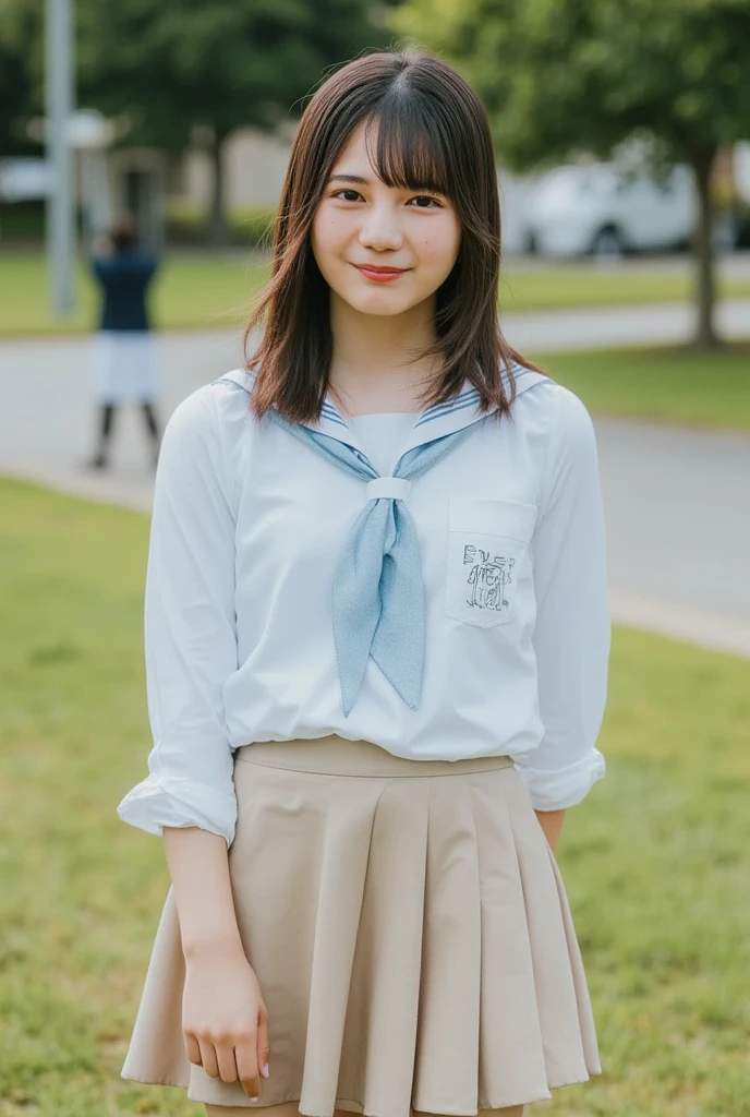 Best-quality, Masterpiece, Ultra-High-Resolution, (Photorealistic:1.4), Raw-Photo, 1girl, 15-years-old, the most popular Japanese idol, innocent-smile, extremely cute face like the most popular Japanese idol