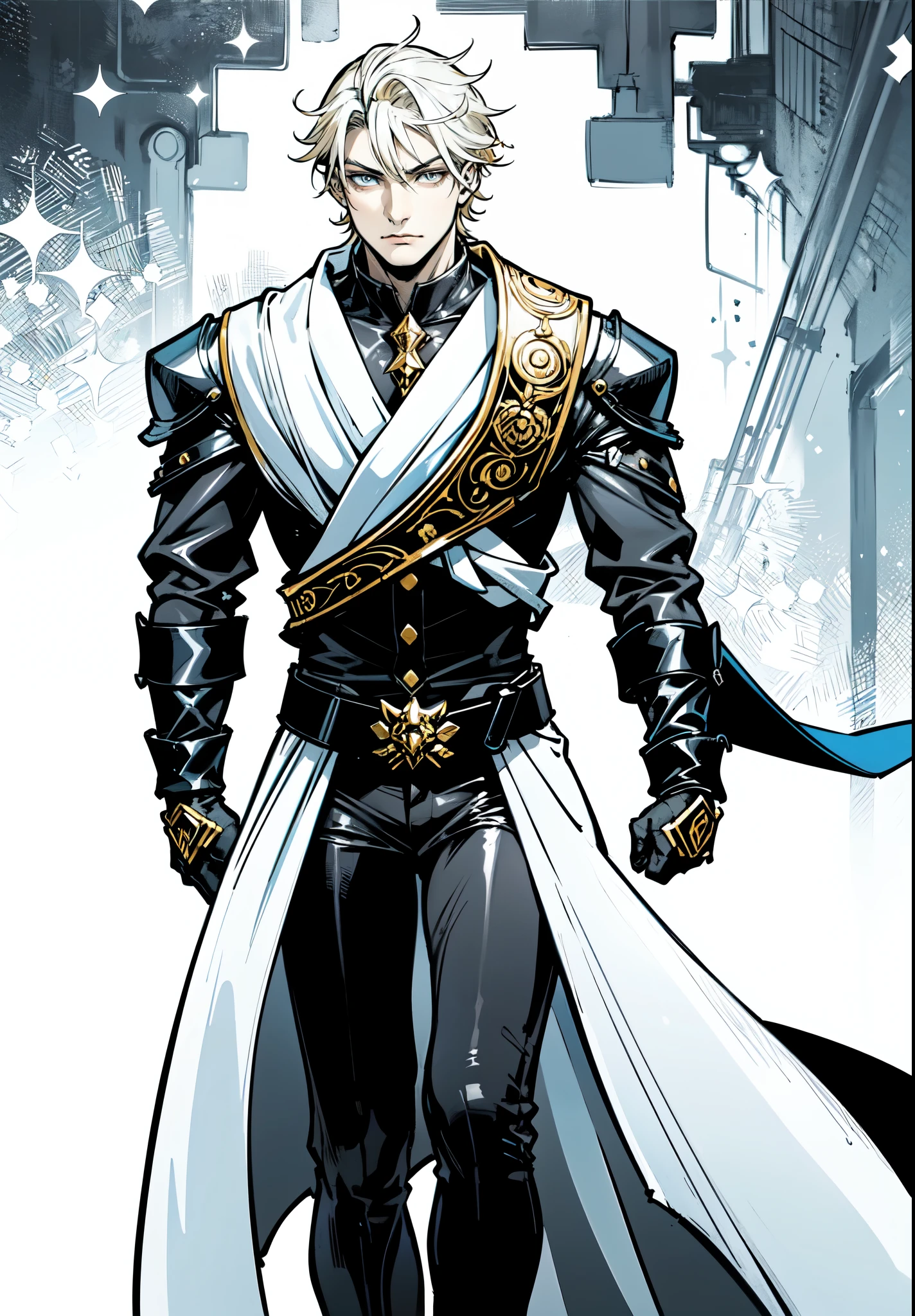 (masterpiece:1.2, best quality:1.2, extremely delicate:1.2), ((male:1.5)), a middle-aged man with short tousled golden hair, deep-set eyes, sharply defined features, serious expression, luxurious yellow-and-white fantasy-style composite silk satin top, silk ribbon cape around the upper body, small metallic shoulder pads, fabric gloves, a belt adorned with metallic gear decorations, dark hem, white fabric trousers, strolling in a medieval fantasy-style city, this character embodies a finely crafted fantasy-style nobleman in anime style, exquisite and mature manga art style, dramatic, high definition, highres, ultra-detailed, ultra-fine painting, professional, perfect body proportions, golden ratio, anatomically correct, symmetrical face, extremely detailed eyes and face, high quality eyes, creativity, RAW photo, UHD, 32k, Natural light, cinematic lighting, (masterpiece-anatomy-perfect:1.2)