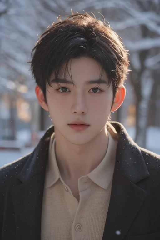 a handsome boy in the snow, high resolution, (realistic:1.4), original photo, half-body shot, in the dark, deep shadows, low-key, cold lighting, extremely handsome, detailed, emotional, clear facial features, well-dressed