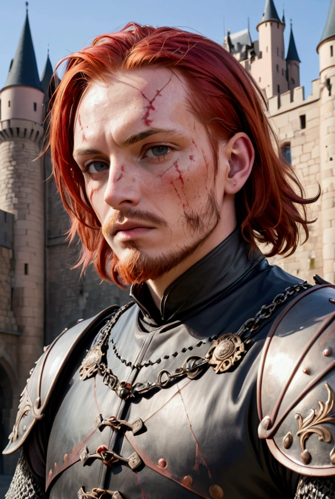 man 40 years old. Shaved red hair.  short beard. Scars on the face. Brigandine. against the backdrop of the castle