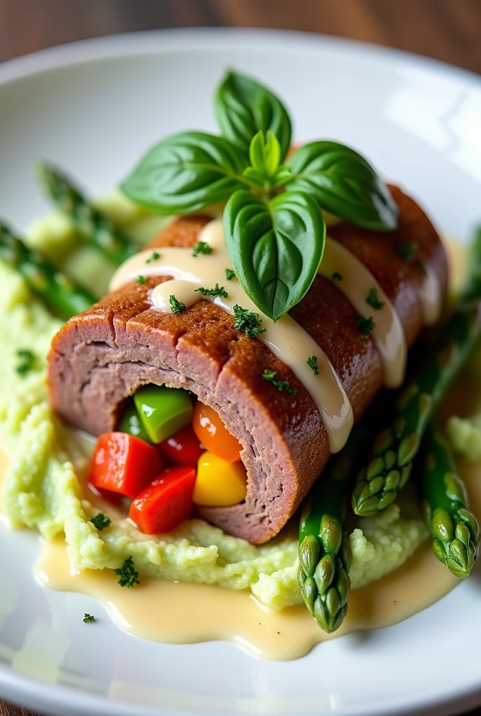 Beef roll stuffed with colored peppers with green mashed potatoes with basil and asparagus with parmesan sauce