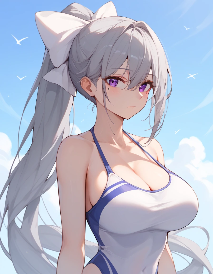  (masterpiece:1.2), ( best quality :1.2),  perfect eyes,  perfect face,  1 girl,hk1, purple eyes, grey hair, hair between eyes, long hair, very long hair, ponytail, mole under eye, bow, white bow,big breasts,swimsuit,nsfw, score_9,  score_8_up,  score_7_up, score_6_up