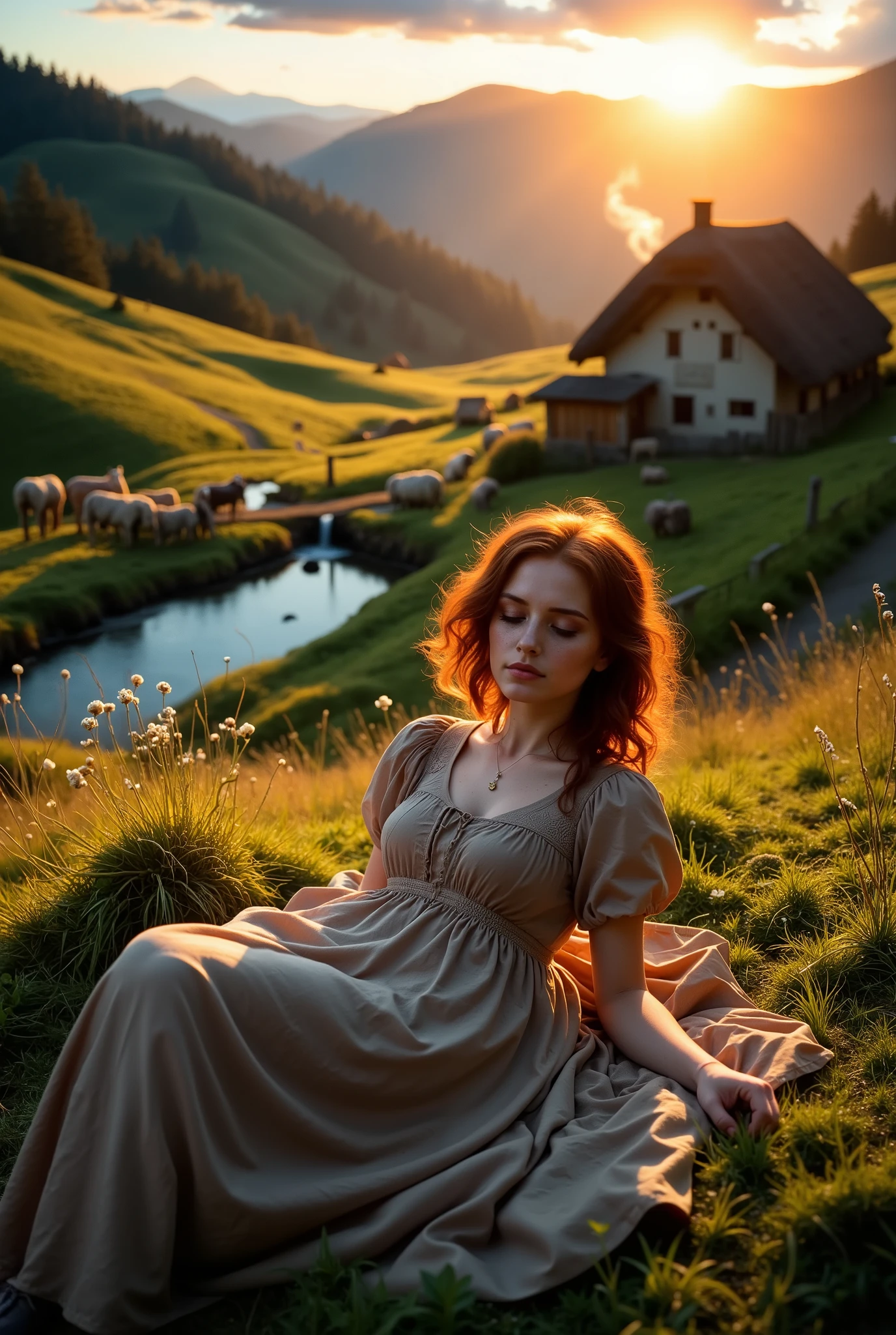 A serene countryside scene illuminated by the warm golden light of the setting sun, capturing the tranquil beauty of rural life. In the foreground, a red-haired woman sleeps peacefully on the grass. Her simple, earth-toned countryside dress with delicate floral patterns gently flows around her as she rests. Wildflowers surround her, and the soft golden hour light bathes her figure. Behind her, the idyllic landscape unfolds with rolling green hills, a shimmering stream, and vibrant meadows. A charming farmhouse with a thatched roof and a nearby stable sit nestled among the hills, with soft smoke curling from the chimney. Horses and sheep graze peacefully in the fields, and a wooden fence winds along a dirt path leading to the farmhouse. The sky is painted with pastel hues of pink, orange, and lavender, evoking an atmosphere of calm and timeless beauty, as if the world itself is at rest with her.