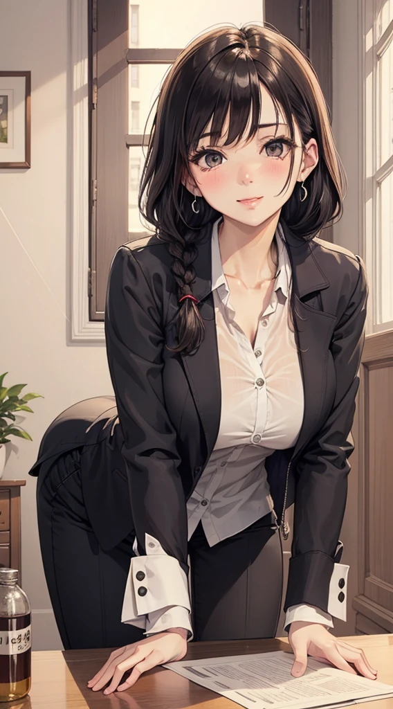 ((black pantyhose over white panties)),((1girl,cute,young,semi long beautiful black hair,blunt bangs,twin tales,beautiful eyes)),(solo),((masterpiece, highest resolution,best quality)), (beautiful illustration),(Office girl suit,dark blue jacket,white blouse,dark blue skirt,black pantyhose over white panties),(flat sitting on the office table), innocent sexy smile,Embarrassed,mouth open,showing teeth,cinematic lighting,