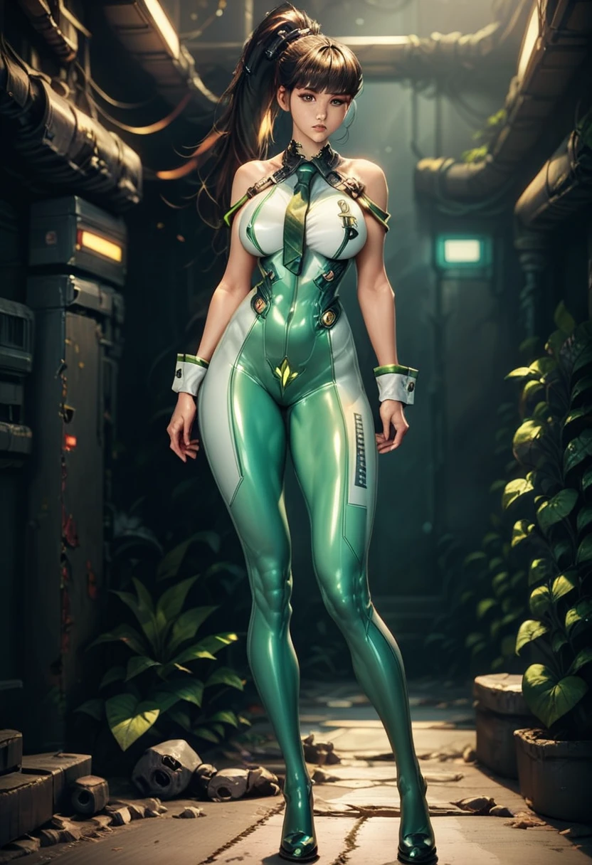 eve (stellar_blade), solo, bodysuit, necktie, abandoned cyberpunk city overgrown with plants, standing, looking at viewer, shiny clothes, skin tight, full body, bare shoulders, lips, green necktie, large breasts, wrist cuffs, shiny, sleeveless, high heels, BREAK , zPDXL, score_9, score_8_up, score_7_up, score_6_up, score_5_up, score_4_up