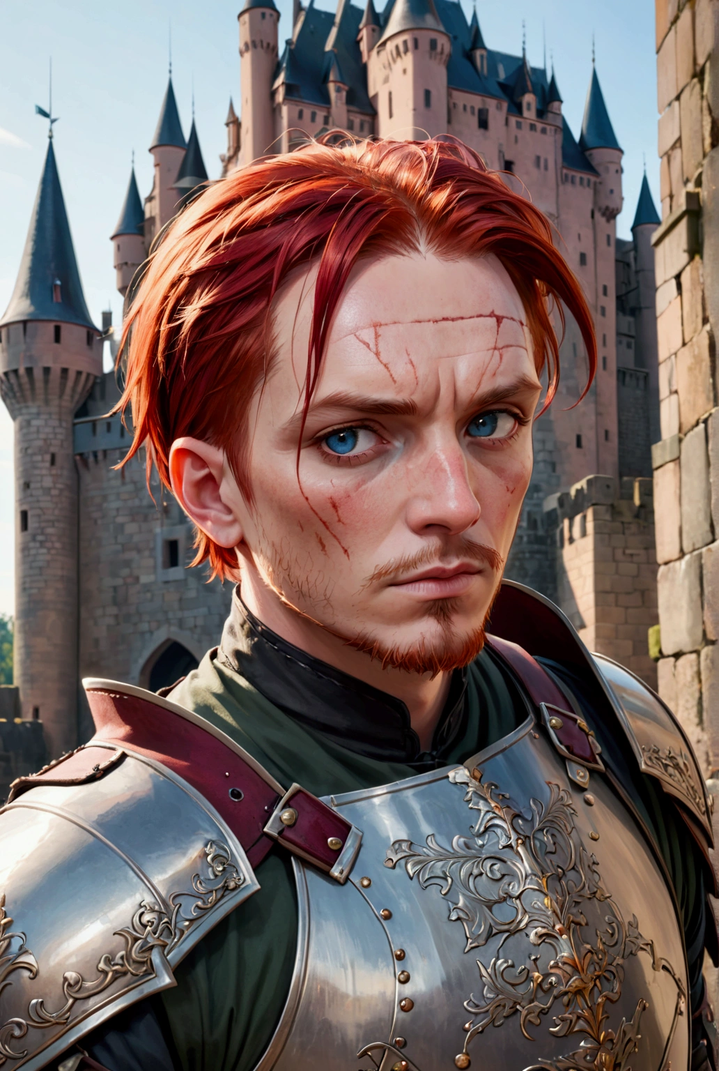 man 40 years old. Shaved red hair.  short beard. Scars on the face. Brigandine. against the backdrop of the castle