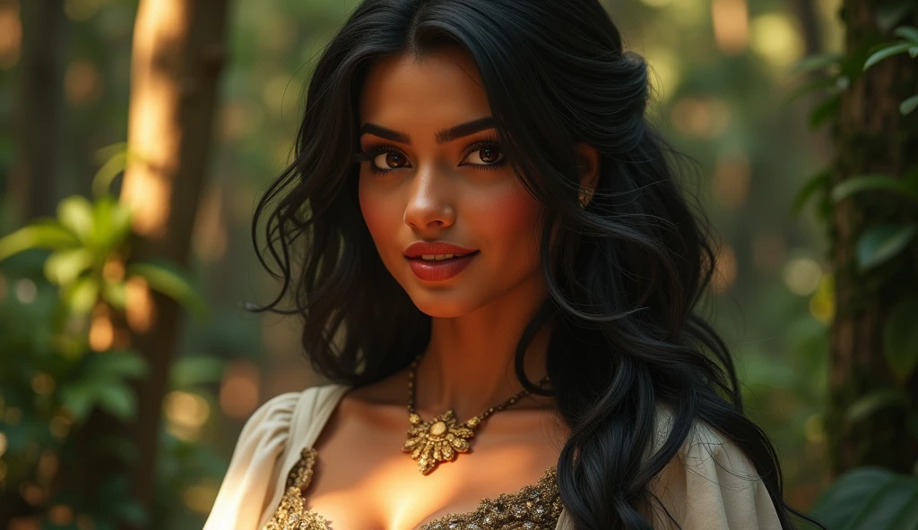 20 year old, curvy latina, huge heavy bust, beautiful detailed eyes,gorgeous smile,silky long black hair,natural makeup,fashionable outfit,confident posture,gold necklace,earrings,green garden backdrop,soft sunlight streaming through the trees,high-resolution photograph,vibrant colors,captivating portrait,portrait photography.
