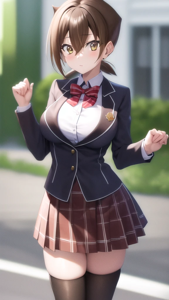 masterpiece, best quality, highres, looking at viewer, girl, solo, issei_hyoudou, brown hair, brown eyes, hair between eyes, large breasts, red bow, striped bow, blazer, blue jacket, long sleeves, plaid skirt, Brown skirt, black thighhighs, outdoors, cowboy shot, standing, looking at viewer,