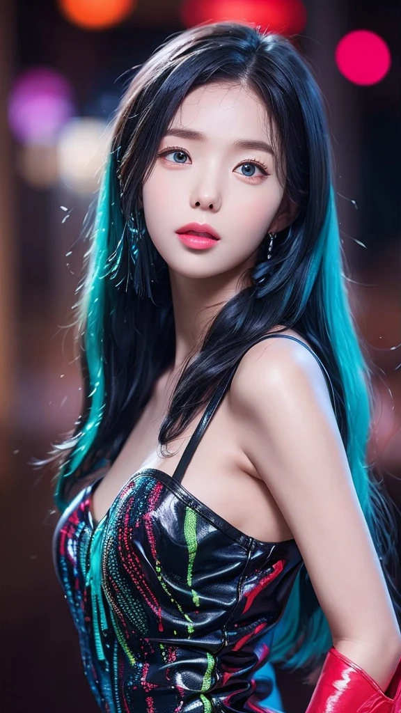 crop top overhang, ((cowboy shot)),（masterpiece、best quality、high resolution），((realistic)),（Colored background)，（Splash of Color），Sweet girl，Light Blue和白色的长发，[Light Blue|pink]hair，curls，shiny，((Visible cleavage)), ((I-type Valley)), 红pink的嘴唇，The crack is relatively large，Splash of Color，Volumetric Lighting，Full breasts, Elegant Posture, Sexy slender legs