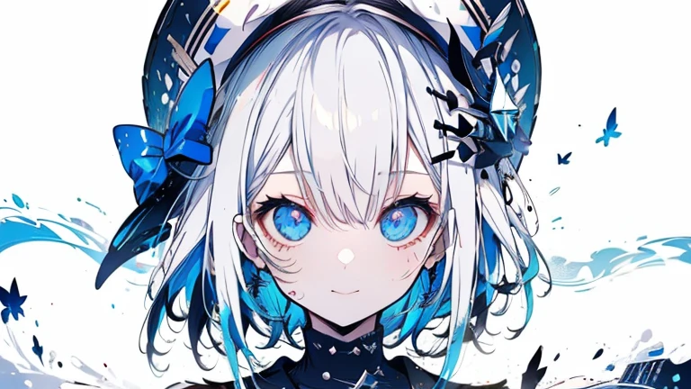 white hair and light blue hair, ahoge, shiny hair, floating hair, half updo, sailor hat, mole under eye, mismatched pupils, light smile, smile, anime, anime style, character chart, tachi-e, from above, UHD, retina, masterpiece, accurate, anatomically correct, super detail, high details, high quality, award winning, best quality, highres, 1080P, 16k,sailor hat is a hat worn by sailors. Also, a 's hat that imitates this. The top is flat and has no eaves, with a ribbon wrapped around the edge and the end hanging behind.She wears clothes called sailor uniforms, which are tops with distinctively shaped large collars called sailor collars. It is a military uniform for sailors and is used by the navies of various countries.she is on a large warship called a battleship, which has great offensive and defensive power.