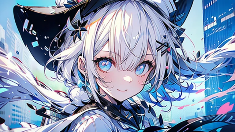 white hair and light blue hair, ahoge, shiny hair, floating hair, half updo, sailor hat, mole under eye, mismatched pupils, light smile, smile, anime, anime style, character chart, tachi-e, from above, UHD, retina, masterpiece, accurate, anatomically correct, super detail, high details, high quality, award winning, best quality, highres, 1080P, 16k,sailor hat is a hat worn by sailors. Also, a 's hat that imitates this. The top is flat and has no eaves, with a ribbon wrapped around the edge and the end hanging behind.She wears clothes called sailor uniforms, which are tops with distinctively shaped large collars called sailor collars. It is a military uniform for sailors and is used by the navies of various countries.she is on a large warship called a battleship, which has great offensive and defensive power.