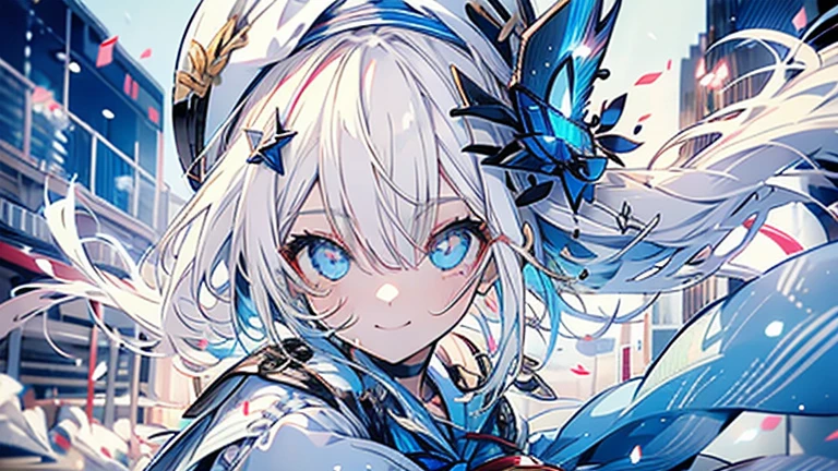 white hair and light blue hair, ahoge, shiny hair, floating hair, half updo, sailor hat, mole under eye, mismatched pupils, light smile, smile, anime, anime style, character chart, tachi-e, from above, UHD, retina, masterpiece, accurate, anatomically correct, super detail, high details, high quality, award winning, best quality, highres, 1080P, 16k,sailor hat is a hat worn by sailors. Also, a 's hat that imitates this. The top is flat and has no eaves, with a ribbon wrapped around the edge and the end hanging behind.She wears clothes called sailor uniforms, which are tops with distinctively shaped large collars called sailor collars. It is a military uniform for sailors and is used by the navies of various countries.she is on a large warship called a battleship, which has great offensive and defensive power.