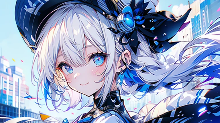 white hair and light blue hair, ahoge, shiny hair, floating hair, half updo, sailor hat, mole under eye, mismatched pupils, light smile, smile, anime, anime style, character chart, tachi-e, from above, UHD, retina, masterpiece, accurate, anatomically correct, super detail, high details, high quality, award winning, best quality, highres, 1080P, 16k,sailor hat is a hat worn by sailors. Also, a 's hat that imitates this. The top is flat and has no eaves, with a ribbon wrapped around the edge and the end hanging behind.She wears clothes called sailor uniforms, which are tops with distinctively shaped large collars called sailor collars. It is a military uniform for sailors and is used by the navies of various countries.she is on a large warship called a battleship, which has great offensive and defensive power.