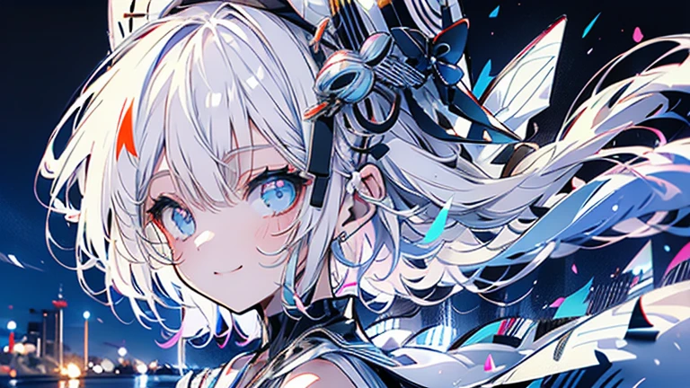 white hair and light blue hair, ahoge, shiny hair, floating hair, half updo, sailor hat, mole under eye, mismatched pupils, light smile, smile, anime, anime style, character chart, tachi-e, from above, UHD, retina, masterpiece, accurate, anatomically correct, super detail, high details, high quality, award winning, best quality, highres, 1080P, 16k,sailor hat is a hat worn by sailors. Also, a 's hat that imitates this. The top is flat and has no eaves, with a ribbon wrapped around the edge and the end hanging behind.She wears clothes called sailor uniforms, which are tops with distinctively shaped large collars called sailor collars. It is a military uniform for sailors and is used by the navies of various countries.she is on a large warship called a battleship, which has great offensive and defensive power.