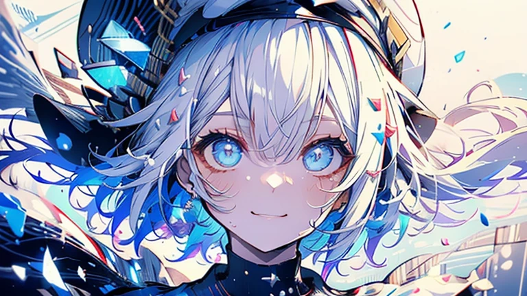 white hair and light blue hair, ahoge, shiny hair, floating hair, half updo, sailor hat, mole under eye, mismatched pupils, light smile, smile, anime, anime style, character chart, tachi-e, from above, UHD, retina, masterpiece, accurate, anatomically correct, super detail, high details, high quality, award winning, best quality, highres, 1080P, 16k,sailor hat is a hat worn by sailors. Also, a 's hat that imitates this. The top is flat and has no eaves, with a ribbon wrapped around the edge and the end hanging behind.She wears clothes called sailor uniforms, which are tops with distinctively shaped large collars called sailor collars. It is a military uniform for sailors and is used by the navies of various countries.she is on a large warship called a battleship, which has great offensive and defensive power.