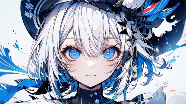 white hair and light blue hair, ahoge, shiny hair, floating hair, half updo, sailor hat, mole under eye, mismatched pupils, light smile, smile, anime, anime style, character chart, tachi-e, from above, UHD, retina, masterpiece, accurate, anatomically correct, super detail, high details, high quality, award winning, best quality, highres, 1080P, 16k,sailor hat is a hat worn by sailors. Also, a 's hat that imitates this. The top is flat and has no eaves, with a ribbon wrapped around the edge and the end hanging behind.She wears clothes called sailor uniforms, which are tops with distinctively shaped large collars called sailor collars. It is a military uniform for sailors and is used by the navies of various countries.she is on a large warship called a battleship, which has great offensive and defensive power.