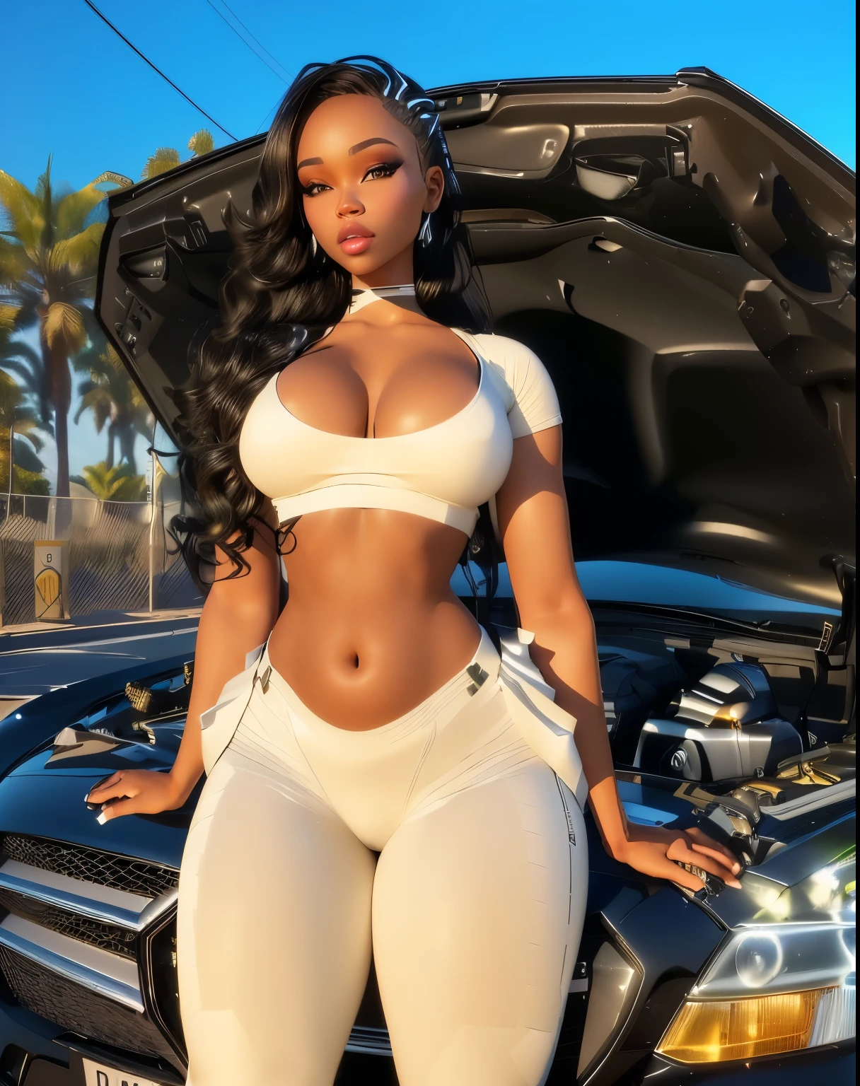 photo of the world's most beautiful artwork featuring a modern black punk woman leaning against a van on a California beach, trending at ArtStation, CGSociety, Intricate, High Detail, Sharp focus, dramatic, photorealistic painting art by greg Rutkowski