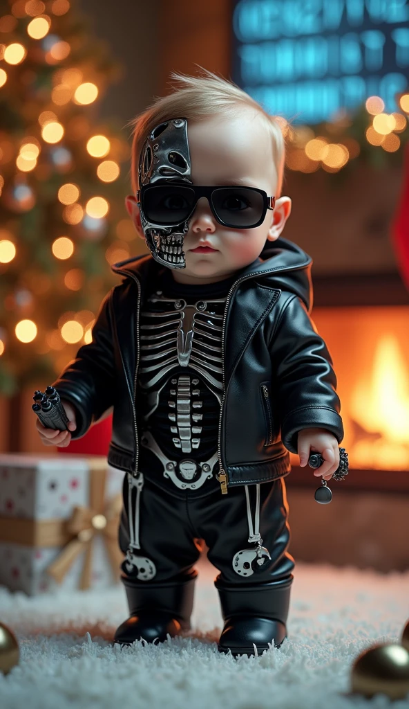  Create a hyperrealistic illustration of a real human **** dressed as Terminator ,  in a completely Christmas atmosphere . Design the **** with proportions is , , large expressive eyes full of curiosity and a rounded face with slightly flushed cheeks that convey tenderness and innocence.  Add characteristic details of the T-800 ,  like partially exposed parts of his face showing a futuristic metallic endoskeleton ,  with a shiny and realistic texture ,  while the rest of the human face remains soft and soft ,  highlighting its mix of innocence and strength .  Includes a small pair of black sunglasses adapted to their size ,  slightly raised to show their large curious eyes .

 Wear a miniature black leather jacket ,  with carefully textured details that mimic the iconic Terminator jacket .  Combine the outfit with dark pants and small black boots that reinforce the style of the character . In one of his hands,  give him a small toy in the shape of a futuristic shotgun or some technological element , adapted to the context but with clear references to the Terminator .

 Place the **** in an enchanting and futuristic Christmas setting .  Place the character next to a Christmas tree decorated with warm flickering lights , metallic garlands ,  and spheres in silver tones ,  that reflect the brightness of the environment .  Surround the scene with gifts wrapped in decorative papers with technological patterns and LED lights .  in the background ,  arsenal, it includes a burning fireplace with hanging Christmas stockings and a holographic screen showing numbers or codes , , alluding to the futuristic universe of Terminator . . Place a white carpet that evokes the feeling of snow and small themed ornaments such as mini robots or decorative gears .

 The lighting must be carefully directed to highlight the details of the costume , , the metallic luster of the exposed endoskeleton ,  and the reflections in the red and blue glasses and leather of the chaq 