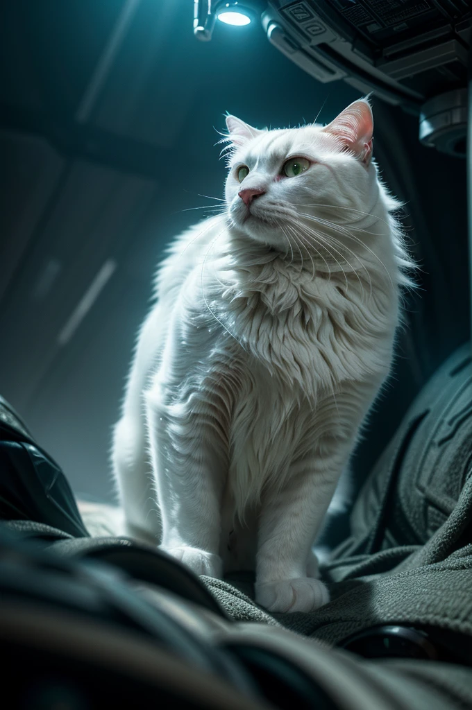 A white cat in a parallel universe, hyper detailed, cinematic, dramatic lighting, intricate sci-fi environment, neon lights, floating islands, alien architecture, glowing crystals, volumetric fog, futuristic, highly detailed, photorealistic, 8k, masterpiece, award winning, cinematic composition, dramatic angles, mood lighting, epic scale, sense of wonder, awe-inspiring