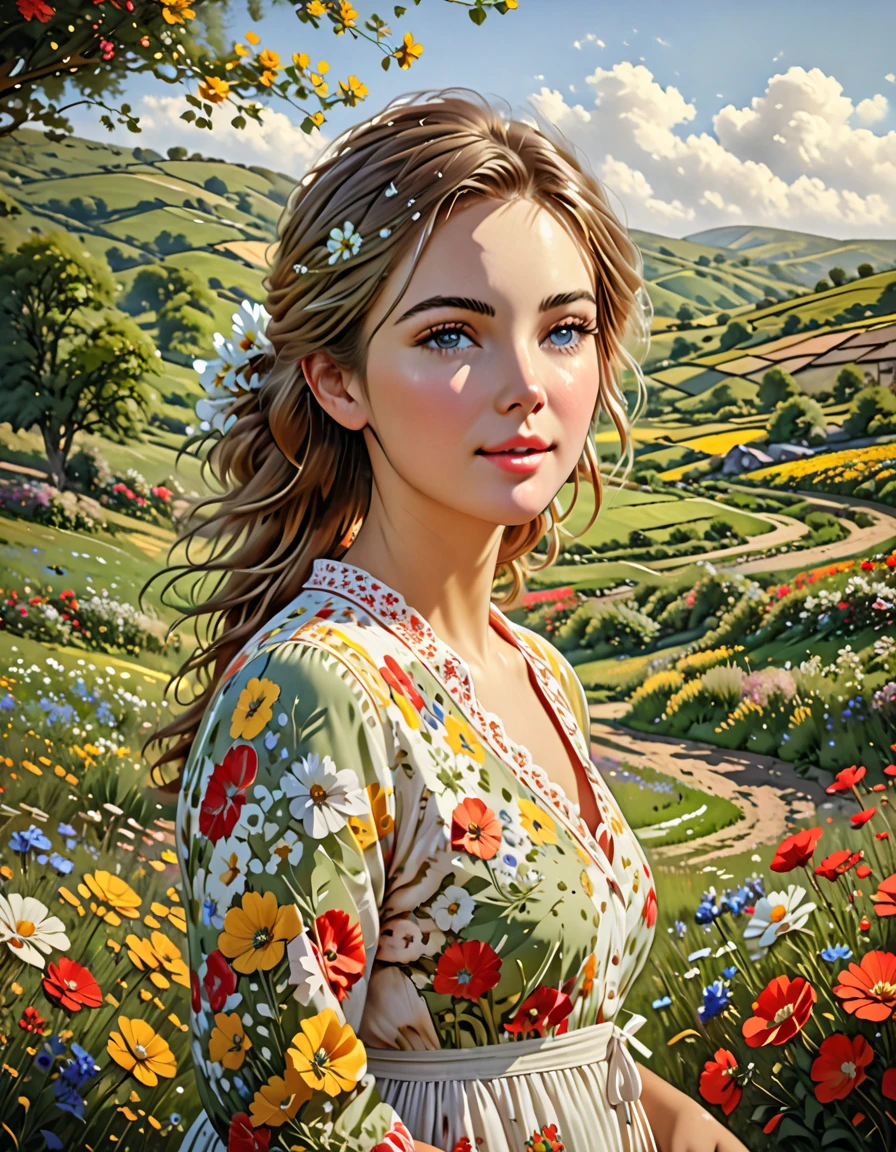 A pastoral idyll, a serene countryside scene, 1girl, a young woman in a floral dress standing in a lush green meadow, surrounded by blooming wildflowers, with rolling hills and a clear blue sky in the background, a gentle breeze blowing through her hair, soft natural lighting, beautiful detailed eyes, beautiful detailed lips, extremely detailed face and features, delicate and elegant, cinematic composition, warm color tones, (best quality,4k,8k,highres,masterpiece:1.2),ultra-detailed,(realistic,photorealistic,photo-realistic:1.37),oil painting, intricate details, vibrant colors, natural landscape, serene and peaceful atmosphere