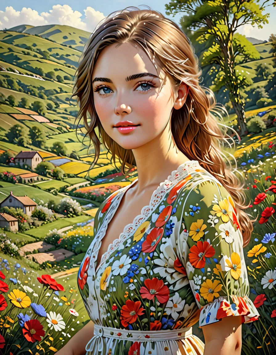 A pastoral idyll, a serene countryside scene, 1girl, a young woman in a floral dress standing in a lush green meadow, surrounded by blooming wildflowers, with rolling hills and a clear blue sky in the background, a gentle breeze blowing through her hair, soft natural lighting, beautiful detailed eyes, beautiful detailed lips, extremely detailed face and features, delicate and elegant, cinematic composition, warm color tones, (best quality,4k,8k,highres,masterpiece:1.2),ultra-detailed,(realistic,photorealistic,photo-realistic:1.37),oil painting, intricate details, vibrant colors, natural landscape, serene and peaceful atmosphere