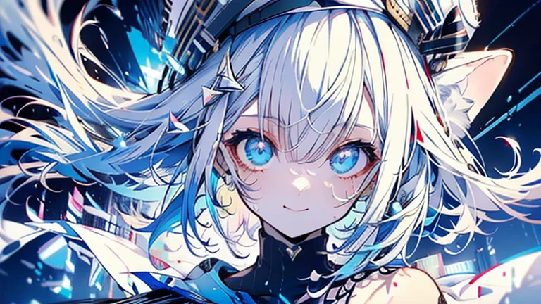 white hair and light blue hair, ahoge, shiny hair, floating hair, half updo, sailor hat, mole under eye, mismatched pupils, light smile, smile, anime, anime style, character chart, tachi-e, from above, UHD, retina, masterpiece, accurate, anatomically correct, super detail, high details, high quality, award winning, best quality, highres, 1080P, 16k,sailor hat is a hat worn by sailors. Also, a 's hat that imitates this. The top is flat and has no eaves, with a ribbon wrapped around the edge and the end hanging behind.She wears clothes called sailor uniforms, which are tops with distinctively shaped large collars called sailor collars. It is a military uniform for sailors and is used by the navies of various countries.she is on a large warship called a battleship, which has great offensive and defensive power.