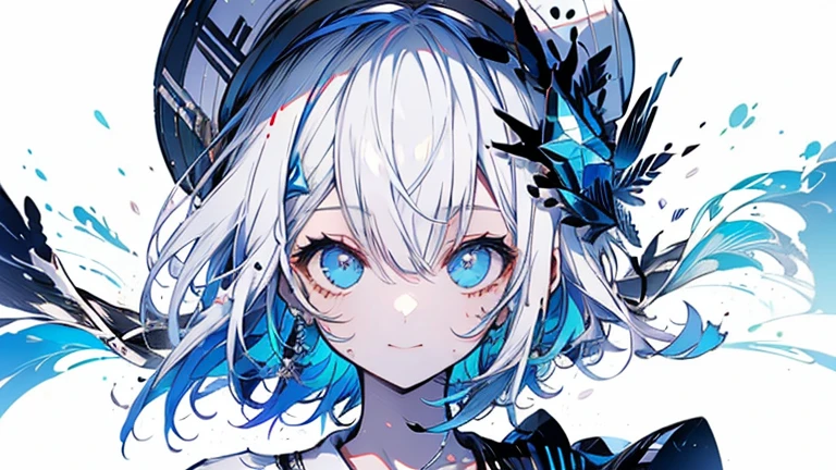 white hair and light blue hair, ahoge, shiny hair, floating hair, half updo, sailor hat, mole under eye, mismatched pupils, light smile, smile, anime, anime style, character chart, tachi-e, from above, UHD, retina, masterpiece, accurate, anatomically correct, super detail, high details, high quality, award winning, best quality, highres, 1080P, 16k,sailor hat is a hat worn by sailors. Also, a 's hat that imitates this. The top is flat and has no eaves, with a ribbon wrapped around the edge and the end hanging behind.She wears clothes called sailor uniforms, which are tops with distinctively shaped large collars called sailor collars. It is a military uniform for sailors and is used by the navies of various countries.she is on a large warship called a battleship, which has great offensive and defensive power.