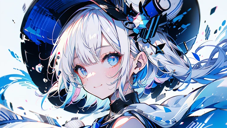 white hair and light blue hair, ahoge, shiny hair, floating hair, half updo, sailor hat, mole under eye, mismatched pupils, light smile, smile, anime, anime style, character chart, tachi-e, from above, UHD, retina, masterpiece, accurate, anatomically correct, super detail, high details, high quality, award winning, best quality, highres, 1080P, 16k,sailor hat is a hat worn by sailors. Also, a 's hat that imitates this. The top is flat and has no eaves, with a ribbon wrapped around the edge and the end hanging behind.She wears clothes called sailor uniforms, which are tops with distinctively shaped large collars called sailor collars. It is a military uniform for sailors and is used by the navies of various countries.she is on a large warship called a battleship, which has great offensive and defensive power.