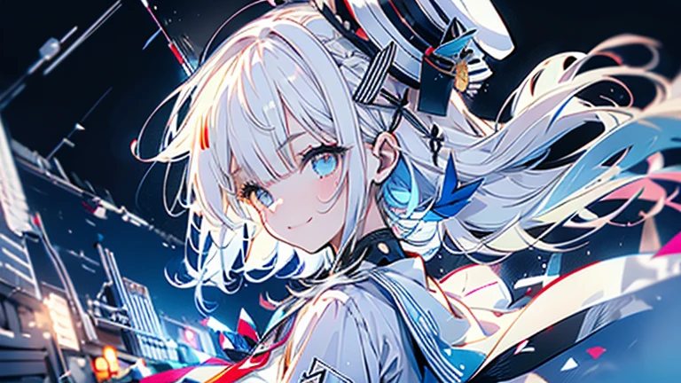 white hair and light blue hair, ahoge, shiny hair, floating hair, half updo, sailor hat, mole under eye, mismatched pupils, light smile, smile, anime, anime style, character chart, tachi-e, from above, UHD, retina, masterpiece, accurate, anatomically correct, super detail, high details, high quality, award winning, best quality, highres, 1080P, 16k,sailor hat is a hat worn by sailors. Also, a 's hat that imitates this. The top is flat and has no eaves, with a ribbon wrapped around the edge and the end hanging behind.She wears clothes called sailor uniforms, which are tops with distinctively shaped large collars called sailor collars. It is a military uniform for sailors and is used by the navies of various countries.she is on a large warship called a battleship, which has great offensive and defensive power.