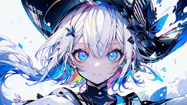 white hair and light blue hair, ahoge, shiny hair, floating hair, half updo, sailor hat, mole under eye, mismatched pupils, light smile, smile, anime, anime style, character chart, tachi-e, from above, UHD, retina, masterpiece, accurate, anatomically correct, super detail, high details, high quality, award winning, best quality, highres, 1080P, 16k,sailor hat is a hat worn by sailors. Also, a 's hat that imitates this. The top is flat and has no eaves, with a ribbon wrapped around the edge and the end hanging behind.She wears clothes called sailor uniforms, which are tops with distinctively shaped large collars called sailor collars. It is a military uniform for sailors and is used by the navies of various countries.she is on a large warship called a battleship, which has great offensive and defensive power.