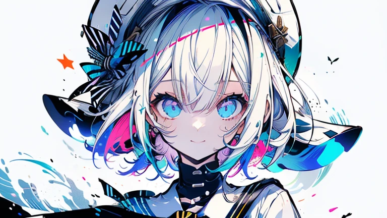 white hair and light blue hair, ahoge, shiny hair, floating hair, half updo, sailor hat, mole under eye, mismatched pupils, light smile, smile, anime, anime style, character chart, tachi-e, from above, UHD, retina, masterpiece, accurate, anatomically correct, super detail, high details, high quality, award winning, best quality, highres, 1080P, 16k,sailor hat is a hat worn by sailors. Also, a 's hat that imitates this. The top is flat and has no eaves, with a ribbon wrapped around the edge and the end hanging behind.She wears clothes called sailor uniforms, which are tops with distinctively shaped large collars called sailor collars. It is a military uniform for sailors and is used by the navies of various countries.she is on a large warship called a battleship, which has great offensive and defensive power.