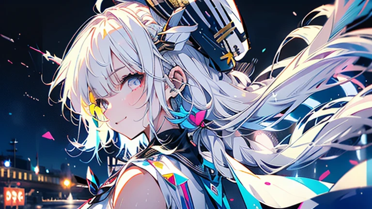 white hair and light blue hair, ahoge, shiny hair, floating hair, half updo, sailor hat, mole under eye, mismatched pupils, light smile, smile, anime, anime style, character chart, tachi-e, from above, UHD, retina, masterpiece, accurate, anatomically correct, super detail, high details, high quality, award winning, best quality, highres, 1080P, 16k,sailor hat is a hat worn by sailors. Also, a 's hat that imitates this. The top is flat and has no eaves, with a ribbon wrapped around the edge and the end hanging behind.She wears clothes called sailor uniforms, which are tops with distinctively shaped large collars called sailor collars. It is a military uniform for sailors and is used by the navies of various countries.she is on a large warship called a battleship, which has great offensive and defensive power.