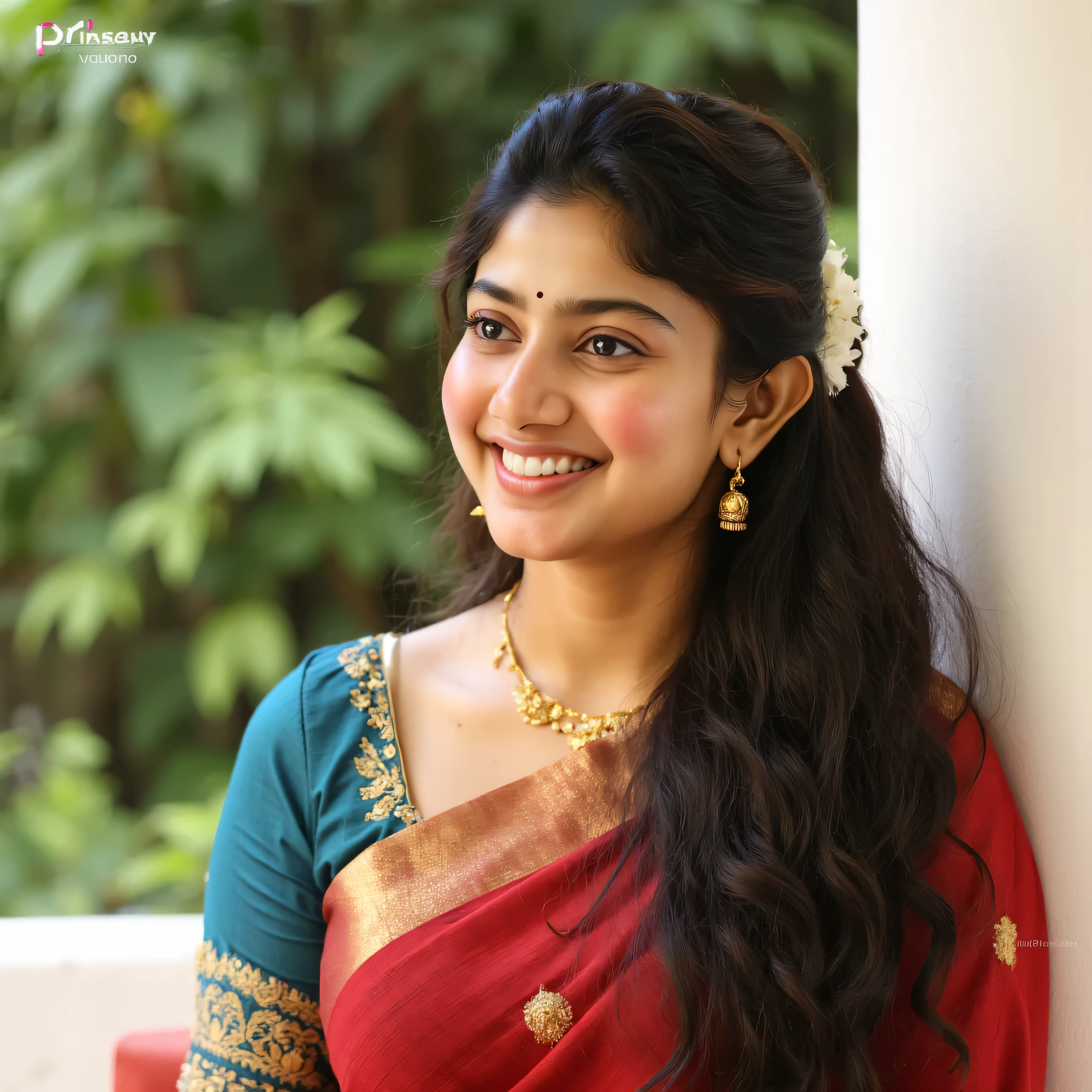 "Radiant_Tradition_PDXL_ClearFace
(masterpiece:1.21), (bestquality:1.21), 8k, ultra-detailed, high detailed, depth of field, vibrant lighting, traditional South Indian attire, wearing a colorful saree, jasmine flowers in neatly tied hair, gold necklace, solo portrait, soft side pose, clear and sharp facial details, glowing skin texture, expressive eyes with fine detailing, soft natural smile, leaning against a clean white wall, lush green foliage in the background, cinematic lighting, natural and radiant expression, elegant and poised posture, warm outdoor ambiance."