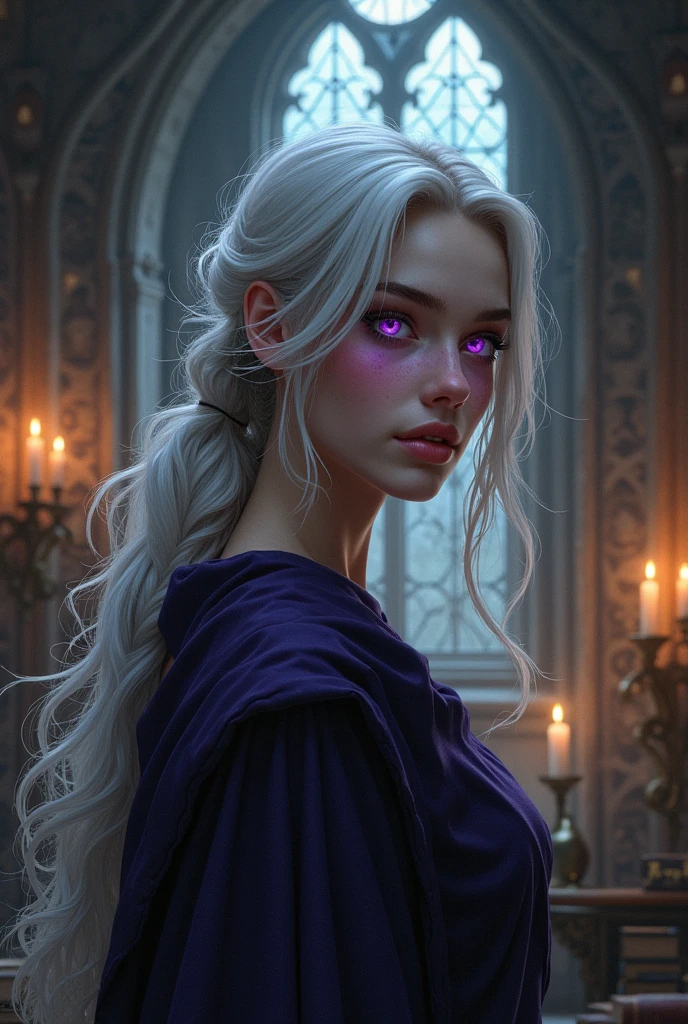 a picture of vampire elf in her castle, an exquisite beautiful female vampire elf in her library,  [full body] (ultra detailed, Masterpiece, best quality), ultra detailed face (ultra detailed, Masterpiece, best quality), grey skin, blond hair, hair in a ponytail, long hair, blue eyes, cold eyes, glowing eyes, intense eyes,  small pointed ears, smirking, smile with [drops of blood on face] (ultra detailed, Masterpiece, best quality), dark red lips, [vampire fangs], wearing white dress (ultra detailed, Masterpiece, best quality), dark blue cloak, high heeled boots in dark fantasy library, book shelves, high details, best quality, 8k, [ultra detailed], masterpiece, best quality, (ultra detailed), full body, ultra wide shot, photorealism, Luis Royo style, dark fantasy art, moon light coming through the window, moon rays, gothic art, sense of dread, sense of seduction