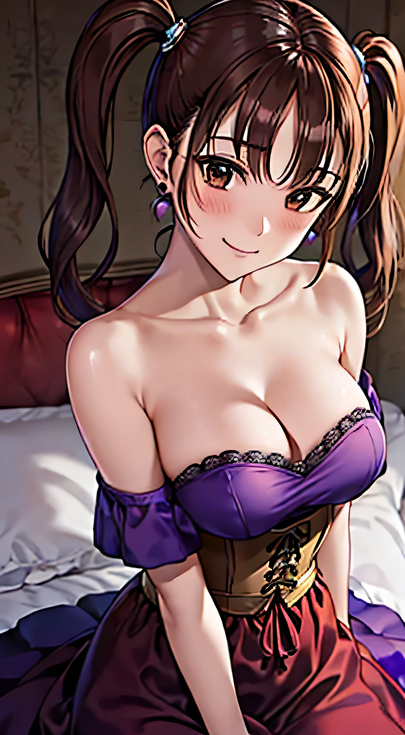 masterpiece,  best quality,  detailed face ,  beautiful eyes,  high definition ,Anime Painting、 detail eyes:1.5. Alone,  Standing Smiling ,(( twin tails、pale chestnut hair))、 Brown Eyes 、 , , (( bright purple off-shoulder shirt on a gorgeous bed,  strapless long dress on a gorgeous bed ,  Corset )), place your hands on your lower back,  earrings for a woman alone, belt, 、 、 hide your chest with both hands、 medium sized breasts、 sea-view hotel suite lying on a gorgeous sofa、Sit on a gorgeous couch、、、 cute smile with blush、I'm ashamed bright red、 open your mouth slightly、、(、、Bring your arms together、)、