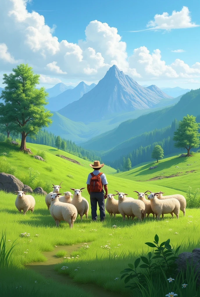 A serene countryside landscape with rolling hills and lush greenery, featuring a realistic farmer resembling Django Fett, wearing a weathered hat and holding a pitchfork, under a bright blue sky with fluffy white clouds, vibrant flowers in the foreground, warm sunlight illuminating the scene, 4k resolution, highly detailed.、masterpiece,best quality,ultra detailed,8k portrait,highly detailed,highly detailed background